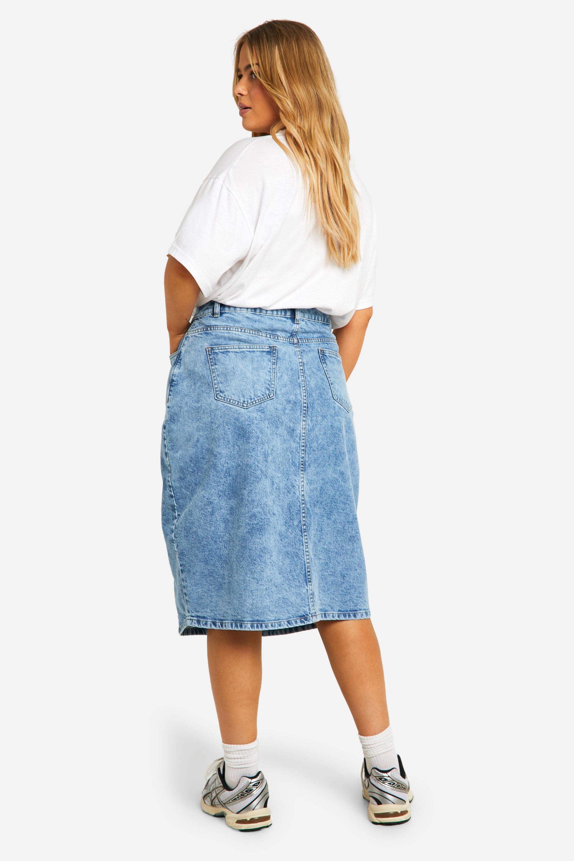 Plus Acid Wash Button Down Denim Midi Skirt boohoo